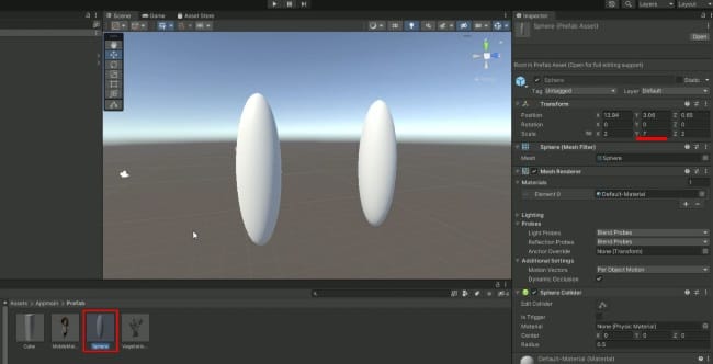 Unityのシーンビューの2つのゲームオブジェクトの高さが細長くなる